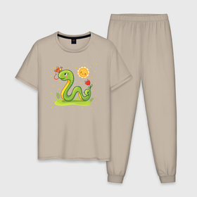 Мужская пижама хлопок с принтом Змейка , 100% хлопок | брюки и футболка прямого кроя, без карманов, на брюках мягкая резинка на поясе и по низу штанин
 | Тематика изображения на принте: 