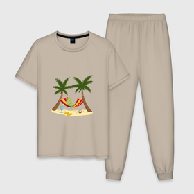 Мужская пижама хлопок с принтом Лягушка на пляже между пальм в Белгороде, 100% хлопок | брюки и футболка прямого кроя, без карманов, на брюках мягкая резинка на поясе и по низу штанин
 | 