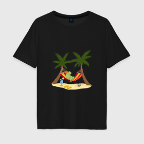 Мужская футболка хлопок Oversize с принтом Лягушка на пляже между пальм , 100% хлопок | свободный крой, круглый ворот, “спинка” длиннее передней части | Тематика изображения на принте: 