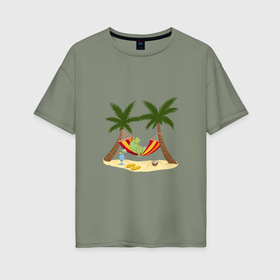 Женская футболка хлопок Oversize с принтом Лягушка на пляже между пальм в Белгороде, 100% хлопок | свободный крой, круглый ворот, спущенный рукав, длина до линии бедер
 | 