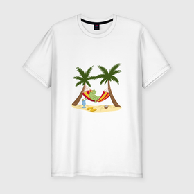 Мужская футболка хлопок Slim с принтом Лягушка на пляже между пальм в Белгороде, 92% хлопок, 8% лайкра | приталенный силуэт, круглый вырез ворота, длина до линии бедра, короткий рукав | 