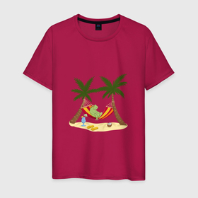 Мужская футболка хлопок с принтом Лягушка на пляже между пальм , 100% хлопок | прямой крой, круглый вырез горловины, длина до линии бедер, слегка спущенное плечо. | 