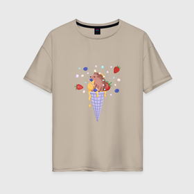 Женская футболка хлопок Oversize с принтом Мороженое с ёжиком и фруктами , 100% хлопок | свободный крой, круглый ворот, спущенный рукав, длина до линии бедер
 | 