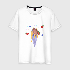 Мужская футболка хлопок с принтом Мороженое с ёжиком и фруктами в Тюмени, 100% хлопок | прямой крой, круглый вырез горловины, длина до линии бедер, слегка спущенное плечо. | Тематика изображения на принте: 