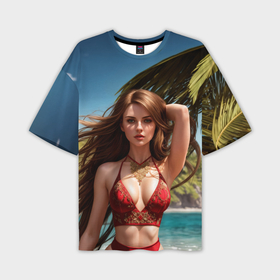 Мужская футболка oversize 3D с принтом Девушка на тропическом острове с пальмой ,  |  | 