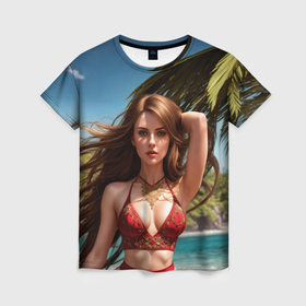 Женская футболка 3D с принтом Девушка на тропическом острове с пальмой в Кировске, 100% полиэфир ( синтетическое хлопкоподобное полотно) | прямой крой, круглый вырез горловины, длина до линии бедер | 