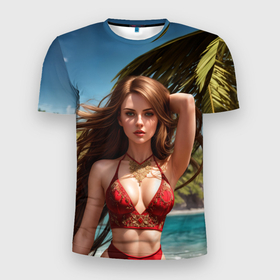 Мужская футболка 3D Slim с принтом Девушка на тропическом острове с пальмой в Кировске, 100% полиэстер с улучшенными характеристиками | приталенный силуэт, круглая горловина, широкие плечи, сужается к линии бедра | 