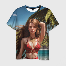 Мужская футболка 3D с принтом Девушка на тропическом острове с пальмой в Тюмени, 100% полиэфир | прямой крой, круглый вырез горловины, длина до линии бедер | 