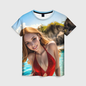 Женская футболка 3D с принтом Девушка в красном купальнике на тропическом каменистом острове в Екатеринбурге, 100% полиэфир ( синтетическое хлопкоподобное полотно) | прямой крой, круглый вырез горловины, длина до линии бедер | 