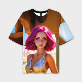 Мужская футболка oversize 3D с принтом Девушка с пурпурно розовыми волосами в засыпанном городе в Петрозаводске,  |  | Тематика изображения на принте: 