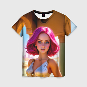 Женская футболка 3D с принтом Девушка с пурпурно розовыми волосами в засыпанном городе в Петрозаводске, 100% полиэфир ( синтетическое хлопкоподобное полотно) | прямой крой, круглый вырез горловины, длина до линии бедер | 