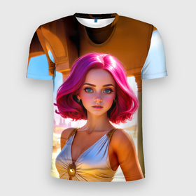 Мужская футболка 3D Slim с принтом Девушка с пурпурно розовыми волосами в засыпанном городе в Тюмени, 100% полиэстер с улучшенными характеристиками | приталенный силуэт, круглая горловина, широкие плечи, сужается к линии бедра | 