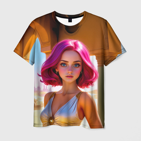 Мужская футболка 3D с принтом Девушка с пурпурно розовыми волосами в засыпанном городе в Белгороде, 100% полиэфир | прямой крой, круглый вырез горловины, длина до линии бедер | 