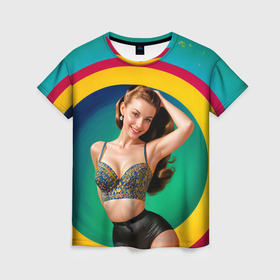 Женская футболка 3D с принтом Девушка в красочном расшитом топе на фоне цветных колец в Тюмени, 100% полиэфир ( синтетическое хлопкоподобное полотно) | прямой крой, круглый вырез горловины, длина до линии бедер | 