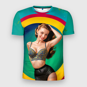 Мужская футболка 3D Slim с принтом Девушка в красочном расшитом топе на фоне цветных колец в Петрозаводске, 100% полиэстер с улучшенными характеристиками | приталенный силуэт, круглая горловина, широкие плечи, сужается к линии бедра | 