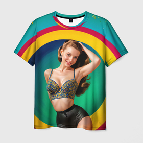 Мужская футболка 3D с принтом Девушка в красочном расшитом топе на фоне цветных колец в Санкт-Петербурге, 100% полиэфир | прямой крой, круглый вырез горловины, длина до линии бедер | 