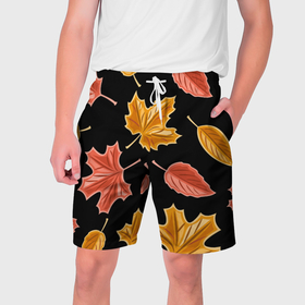 Мужские шорты 3D с принтом Осенние листики в Тюмени,  полиэстер 100% | прямой крой, два кармана без застежек по бокам. Мягкая трикотажная резинка на поясе, внутри которой широкие завязки. Длина чуть выше колен | 