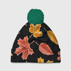 Шапка 3D c помпоном с принтом Осенние листики в Тюмени, 100% полиэстер | универсальный размер, печать по всей поверхности изделия | 