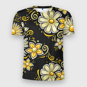 Мужская футболка 3D Slim с принтом Chamomile flowers , 100% полиэстер с улучшенными характеристиками | приталенный силуэт, круглая горловина, широкие плечи, сужается к линии бедра | Тематика изображения на принте: 