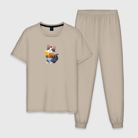 Мужская пижама хлопок с принтом Мечтательный котенок с книгой , 100% хлопок | брюки и футболка прямого кроя, без карманов, на брюках мягкая резинка на поясе и по низу штанин
 | 