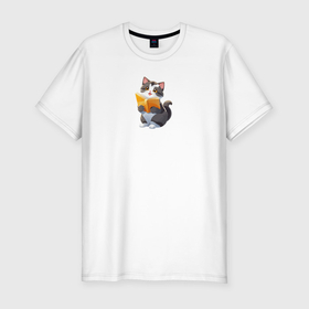 Мужская футболка хлопок Slim с принтом Мечтательный котенок с книгой в Белгороде, 92% хлопок, 8% лайкра | приталенный силуэт, круглый вырез ворота, длина до линии бедра, короткий рукав | 