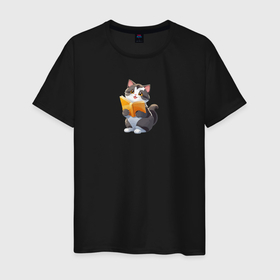 Мужская футболка хлопок с принтом Мечтательный котенок с книгой в Белгороде, 100% хлопок | прямой крой, круглый вырез горловины, длина до линии бедер, слегка спущенное плечо. | Тематика изображения на принте: 