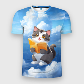 Мужская футболка 3D Slim с принтом Мечтательный котенок с книгой витает в облаках в Белгороде, 100% полиэстер с улучшенными характеристиками | приталенный силуэт, круглая горловина, широкие плечи, сужается к линии бедра | 