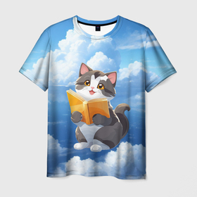 Мужская футболка 3D с принтом Мечтательный котенок с книгой витает в облаках в Курске, 100% полиэфир | прямой крой, круглый вырез горловины, длина до линии бедер | 