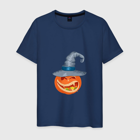 Мужская футболка хлопок с принтом Тыква на Хэллоуин в шляпе с конфетами в Екатеринбурге, 100% хлопок | прямой крой, круглый вырез горловины, длина до линии бедер, слегка спущенное плечо. | 