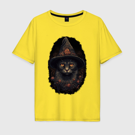 Мужская футболка хлопок Oversize с принтом Кот в шляпе ведьмы в Санкт-Петербурге, 100% хлопок | свободный крой, круглый ворот, “спинка” длиннее передней части | 