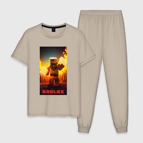 Мужская пижама хлопок с принтом Roblox avatar fire , 100% хлопок | брюки и футболка прямого кроя, без карманов, на брюках мягкая резинка на поясе и по низу штанин
 | 