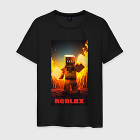 Мужская футболка хлопок с принтом Roblox avatar fire , 100% хлопок | прямой крой, круглый вырез горловины, длина до линии бедер, слегка спущенное плечо. | 