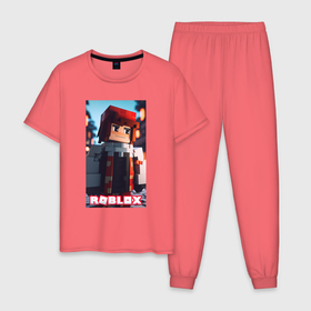 Мужская пижама хлопок с принтом Roblox  game man в Екатеринбурге, 100% хлопок | брюки и футболка прямого кроя, без карманов, на брюках мягкая резинка на поясе и по низу штанин
 | 