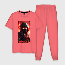Мужская пижама хлопок с принтом Roblox fire ninja в Тюмени, 100% хлопок | брюки и футболка прямого кроя, без карманов, на брюках мягкая резинка на поясе и по низу штанин
 | Тематика изображения на принте: 