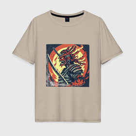 Мужская футболка хлопок Oversize с принтом Огненный самурай зомби в Белгороде, 100% хлопок | свободный крой, круглый ворот, “спинка” длиннее передней части | 