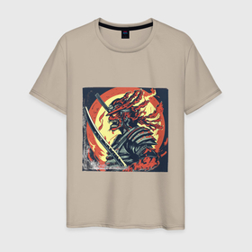 Мужская футболка хлопок с принтом Огненный самурай зомби в Санкт-Петербурге, 100% хлопок | прямой крой, круглый вырез горловины, длина до линии бедер, слегка спущенное плечо. | Тематика изображения на принте: 