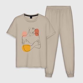 Мужская пижама хлопок с принтом Девушка линиями лайн арт в Тюмени, 100% хлопок | брюки и футболка прямого кроя, без карманов, на брюках мягкая резинка на поясе и по низу штанин
 | 