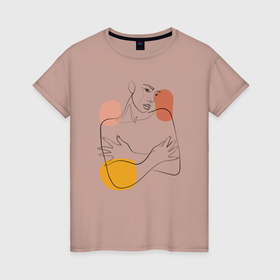 Женская футболка хлопок с принтом Девушка линиями лайн арт в Новосибирске, 100% хлопок | прямой крой, круглый вырез горловины, длина до линии бедер, слегка спущенное плечо | 