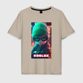 Мужская футболка хлопок Oversize с принтом Роблокс в зеленой шапке в Тюмени, 100% хлопок | свободный крой, круглый ворот, “спинка” длиннее передней части | 