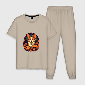 Мужская пижама хлопок с принтом Собака и тыквы в праздник хэллоуин в Кировске, 100% хлопок | брюки и футболка прямого кроя, без карманов, на брюках мягкая резинка на поясе и по низу штанин
 | 