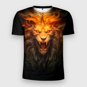 Мужская футболка 3D Slim с принтом Огненный оскал льва , 100% полиэстер с улучшенными характеристиками | приталенный силуэт, круглая горловина, широкие плечи, сужается к линии бедра | Тематика изображения на принте: 