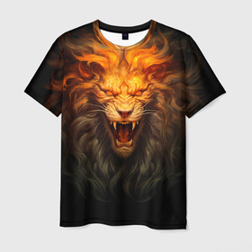 Мужская футболка 3D с принтом Огненный оскал льва , 100% полиэфир | прямой крой, круглый вырез горловины, длина до линии бедер | Тематика изображения на принте: 