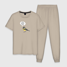 Мужская пижама хлопок с принтом Синица с прикольной надписью   держи себя в руках в Тюмени, 100% хлопок | брюки и футболка прямого кроя, без карманов, на брюках мягкая резинка на поясе и по низу штанин
 | 