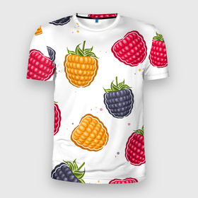 Мужская футболка 3D Slim с принтом Разноцветная малина в Санкт-Петербурге, 100% полиэстер с улучшенными характеристиками | приталенный силуэт, круглая горловина, широкие плечи, сужается к линии бедра | 
