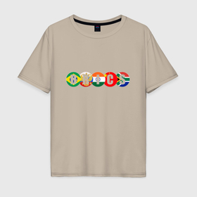 Мужская футболка хлопок Oversize с принтом Надпись: BRICS с флагами государств участников , 100% хлопок | свободный крой, круглый ворот, “спинка” длиннее передней части | Тематика изображения на принте: 