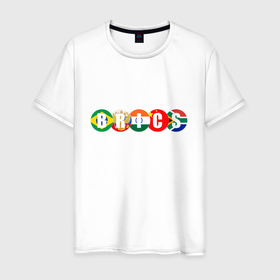 Мужская футболка хлопок с принтом Надпись: BRICS с флагами государств участников в Петрозаводске, 100% хлопок | прямой крой, круглый вырез горловины, длина до линии бедер, слегка спущенное плечо. | 