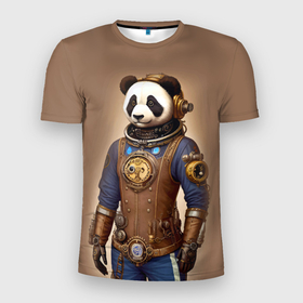 Мужская футболка 3D Slim с принтом Крутой панда в стиле стимпанк   нейросеть , 100% полиэстер с улучшенными характеристиками | приталенный силуэт, круглая горловина, широкие плечи, сужается к линии бедра | 