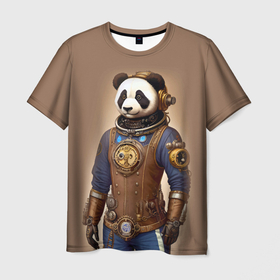 Мужская футболка 3D с принтом Крутой панда в стиле стимпанк   нейросеть в Тюмени, 100% полиэфир | прямой крой, круглый вырез горловины, длина до линии бедер | 