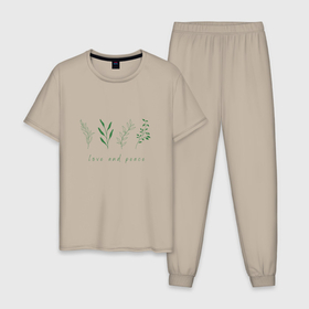 Мужская пижама хлопок с принтом Зеленые растения мир и любовь , 100% хлопок | брюки и футболка прямого кроя, без карманов, на брюках мягкая резинка на поясе и по низу штанин
 | 