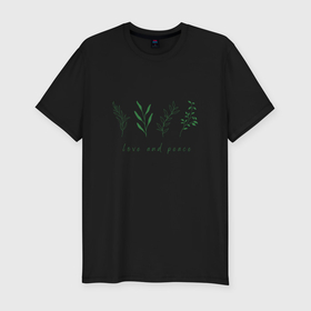 Мужская футболка хлопок Slim с принтом Зеленые растения мир и любовь в Тюмени, 92% хлопок, 8% лайкра | приталенный силуэт, круглый вырез ворота, длина до линии бедра, короткий рукав | 